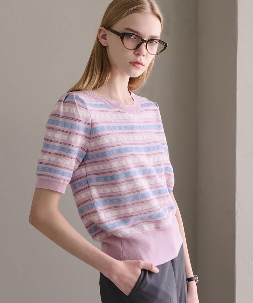 LUSIDA Jacquard Striped Short Sleeve Knit_3 Colors