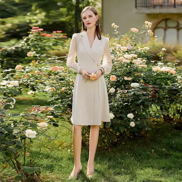 Spring Black Mesh Sleeve Goddess Dress - Waist-Slimming Suit Collar, Mid-Length Professional Women's Outfit