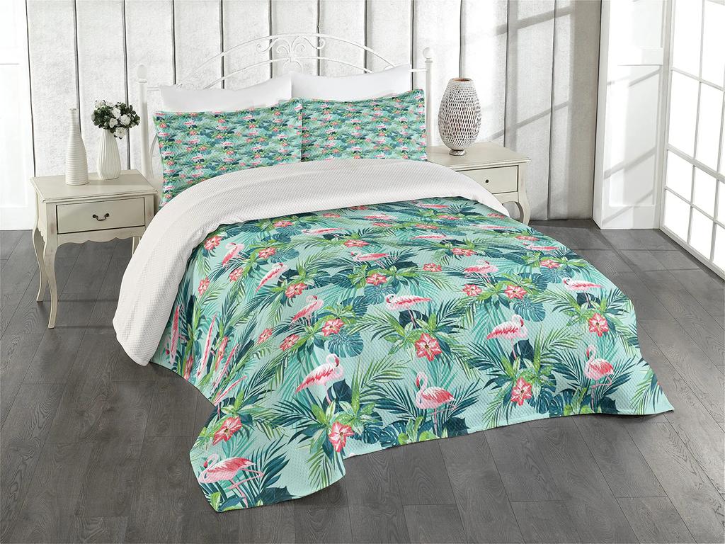 Pink Flamingo Comforter Cover Green Palm Leaves Printed Bedding Set Duvet Cover for Teen Boys Girls Women Full Queen King Size