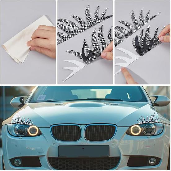 SUPERFINDINGS 2pcs Car Headlight Eyelash Stickers White Diamond False Cute Rhinestone Sparkling Diamond Car Eyelid Decoration