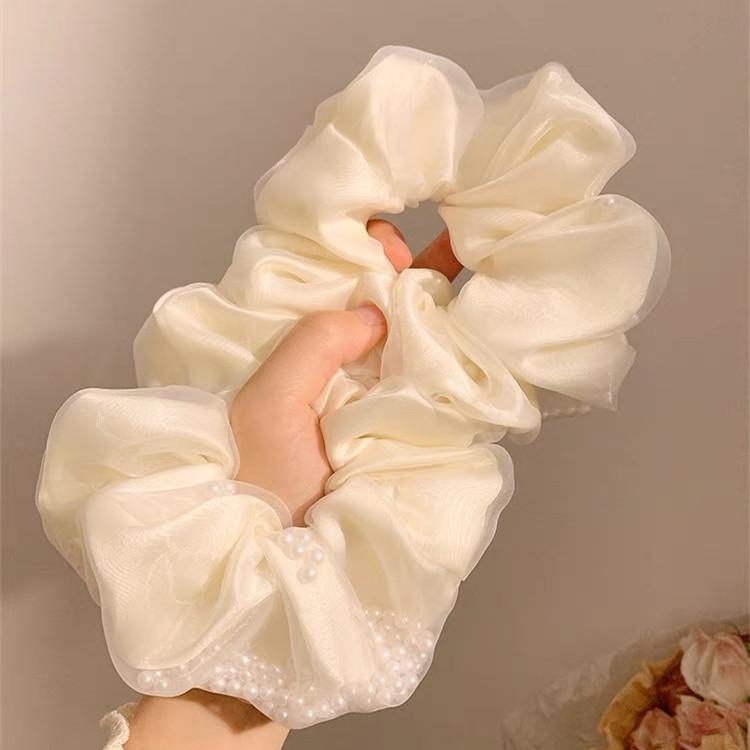 Light Gauze Under the Moon ~ White Mesh Pearl Large Intestine Hair Ring for Women Korean Style High-end Summer Lazy Style Hair Rope Hair Accessory