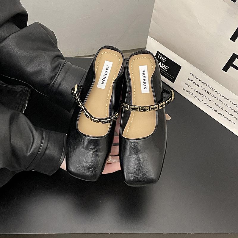 

Французские тапочки-мешки с головкой-мешком, женская верхняя одежда 2025 года, весна-лето, новая корейская версия, квадратная головка, плоская подошва, одна педаль, одинарные туфли Мэри Джейн 35 чёрный