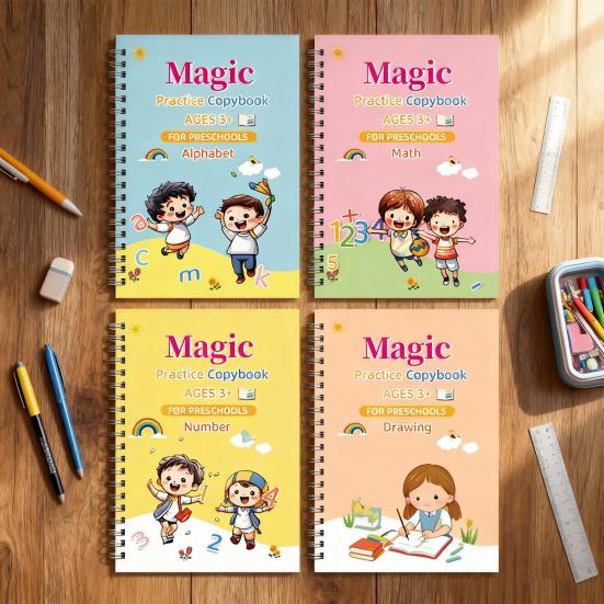 4Pcs Writing Exercise Book for Children Ages 3-10 Handwriting Workbook Kit with Letters Numbers Math Paintings English Groove Practice Copybook