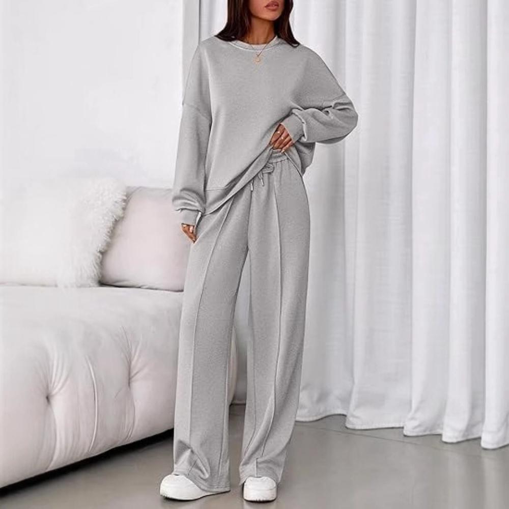 Women's Crew Neck Long Sleeve Loose Fit Sweatshirt and Elastic Waist Wide Leg Pants Two Piece Tracksuit