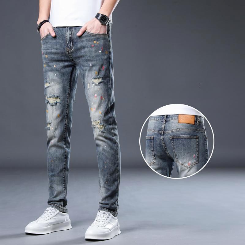 Spring and Autumn New Embroidery Men's Trousers Elastic Casual Printed Jeans Men's Trousers Tide Slim Small Leg Trousers