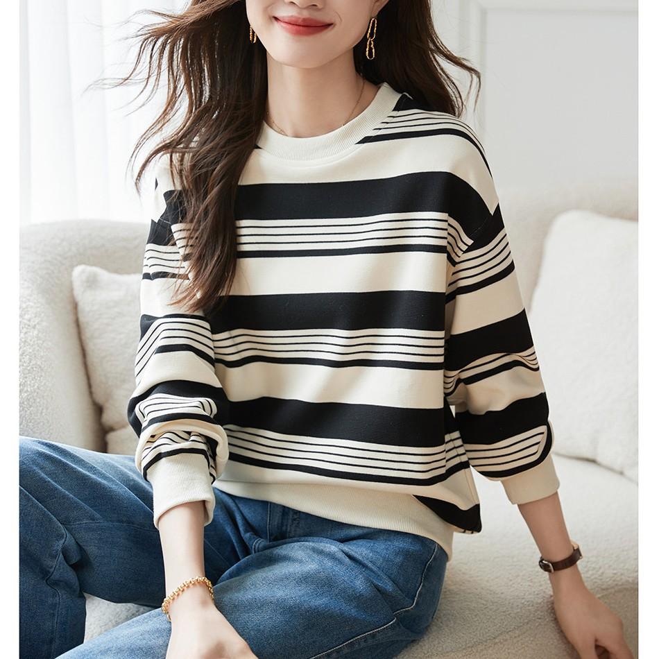 Latest Autumn Relaxed Fit Striped Round Neck Sweatshirt for Women Versatile Long-sleeved Base Top Jacket S