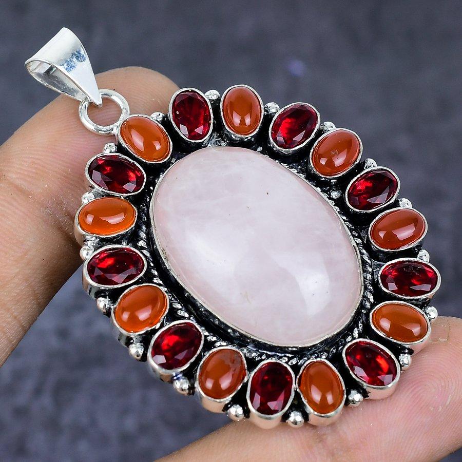 Natural Rose Quartz, Carnelian 925 Sterling Silver Jewelry Pendant 2.44" ETC-13784