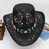 Unisex Straw Cowboy Hat with Decorative Bands Hollow Breathable Design Ultralight Cowgirl Woven Sun Hat