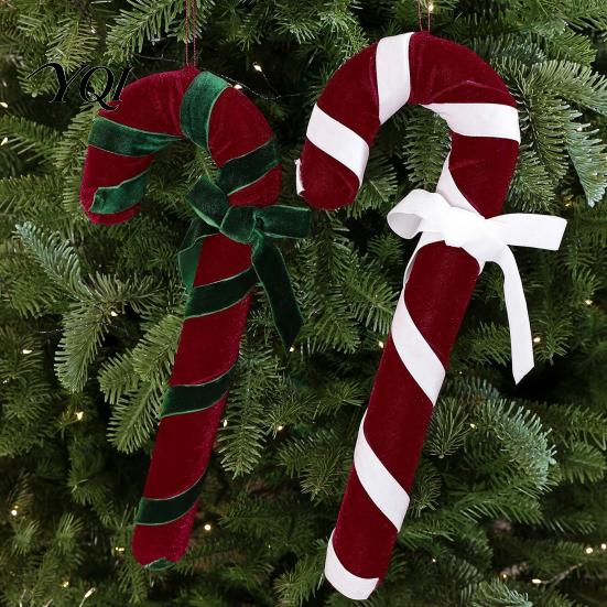 Reusable Holiday Party Pendant Velvet Christmas Candy Cane Ornament, Fabric Decoration with Retro Ornaments Bow, Xmas Tree Hanging Decor for Pendants