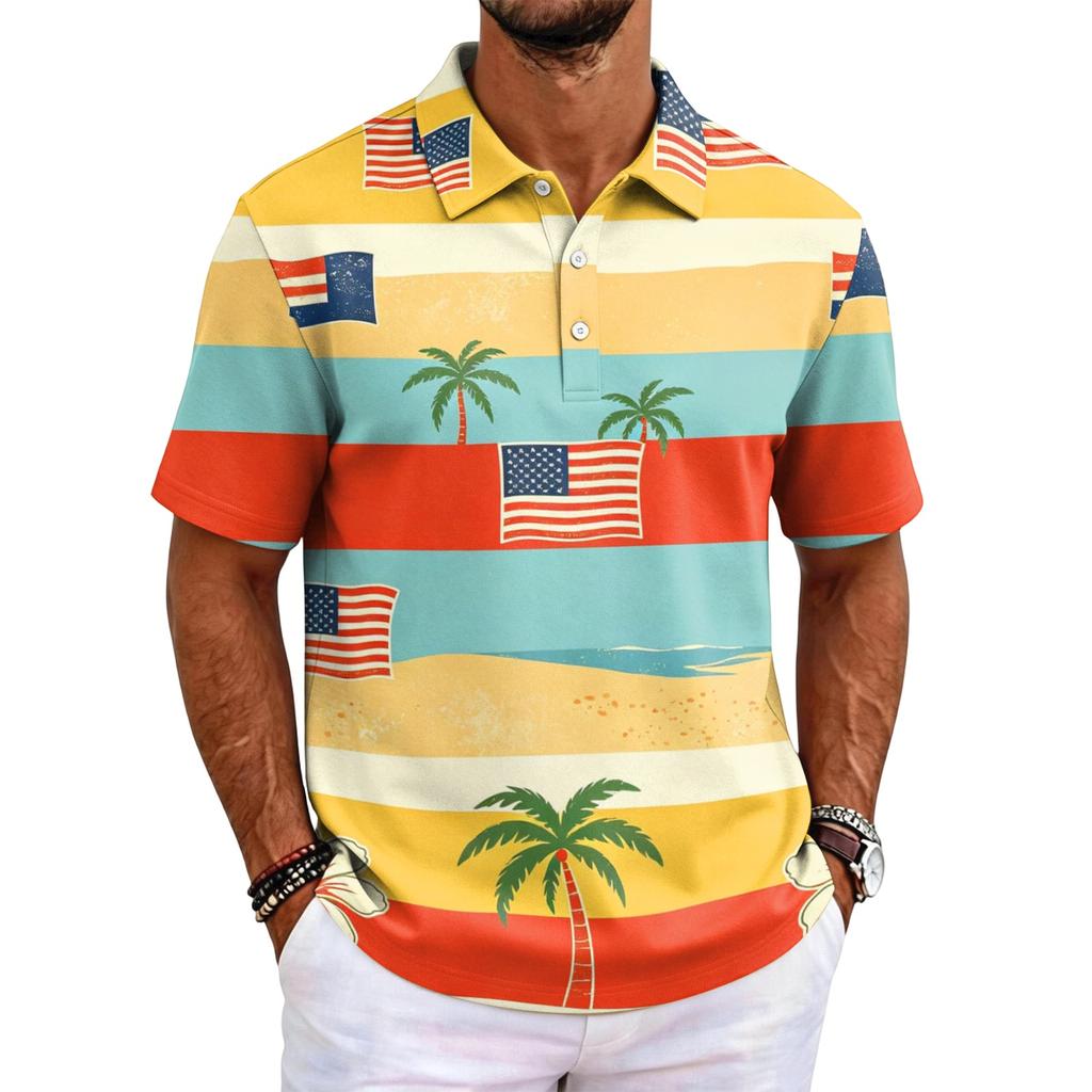 Men's Polo Shirt Short Sleeve Loose Fit Casual Top with Hawaiian Style Print for Everyday Wear Comfortable Fabric