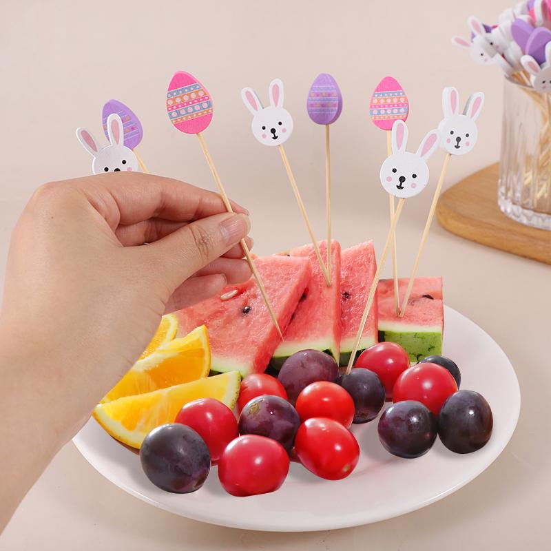 100pcs Easter Disposable Bamboo Skewers Rabbit Eggs Food Picks Fruit Fork Cupcake Buffet Stick Easter Party Decoration Birthday