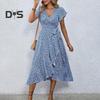 Summer Floral Maxi Dress for Women V Neck Short Sleeve Ruffle Hem Wrap Dress Boho Casual Split Flowy Beach Long Dress