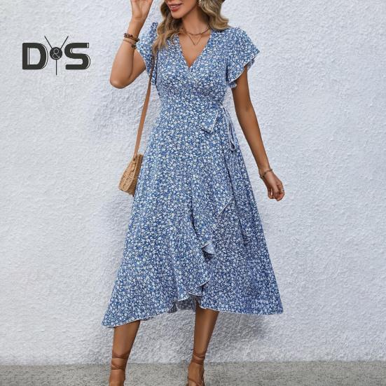 Summer Floral Maxi Dress for Women V Neck Short Sleeve Ruffle Hem Wrap Dress Boho Casual Split Flowy Beach Long Dress