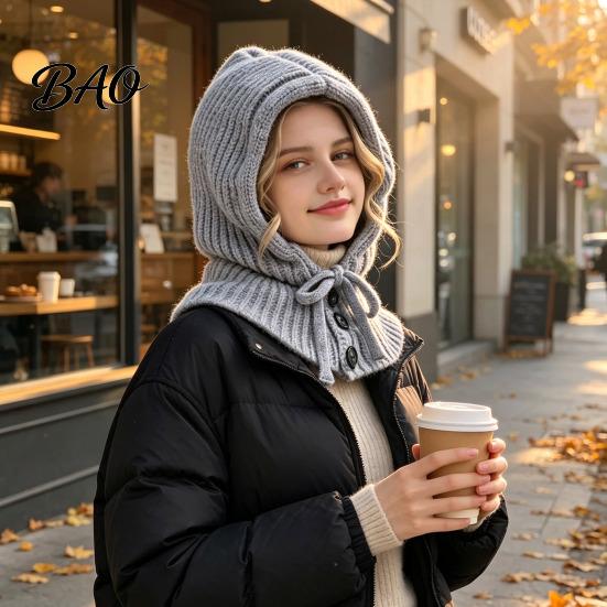 Cozy Knit Hat Women Hooded Scarf for Winter, Pullover Balaclava Hood Thermal Ear Protection Cap with Adjustable Drawstring, Warm Neck Gaiter