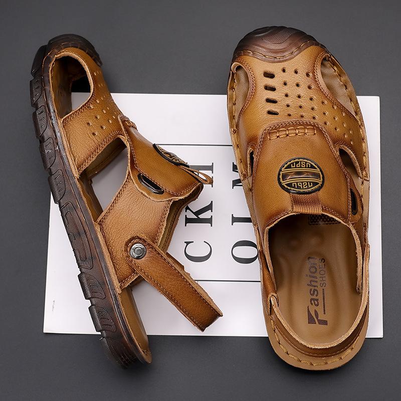 First Layer Cowhide Sandals Men's Bag Head Summer Wear Casual Beach Shoes Men's Non-slip Hollow Slippers Men's Beef Tendons
