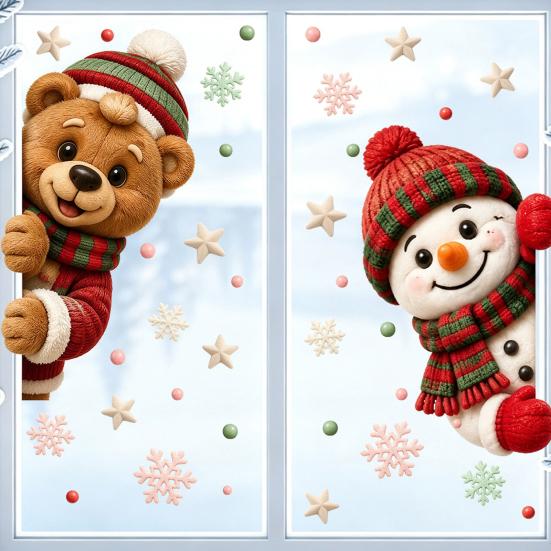 Christmas Window Clings 2Pcs Clings, Cute Bear Snowman Static Decals, 16" X Cling Decals 12" Removable Festive Stickers for Glass Doors Home