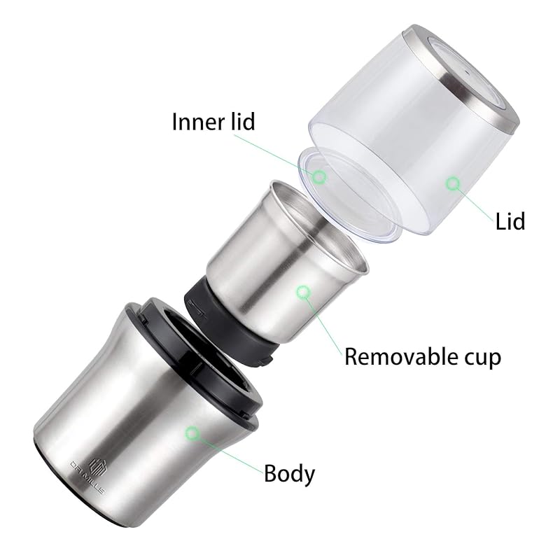 DR MILLS DM-7412N Elektrický mlýnek na suché koření a kávu, vyjímatelný hrnek, omyvatelný, čepel a hrnek z nerezové oceli SUS304