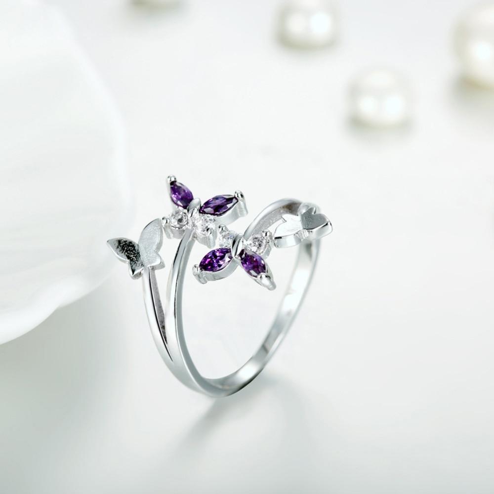 Inel Dama S925 Silver Ring with Zircon and Purple Crystals Adjustable Opening