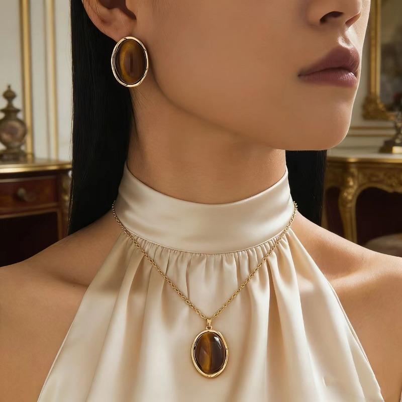 Gold Plated Wavy Bezel Oval Tiger Eye Matching Necklace & Stud Earrings Jewelry Set