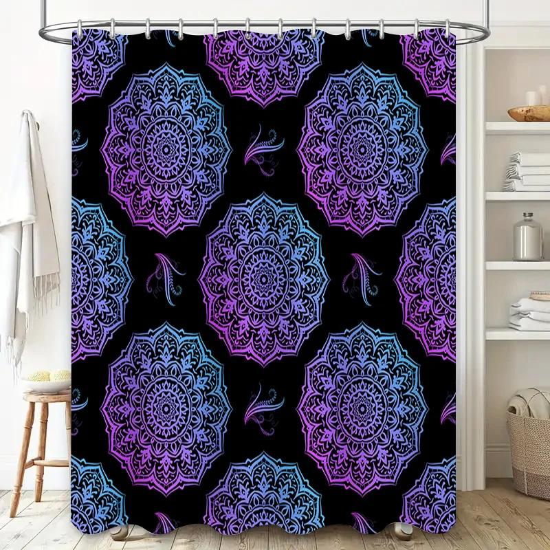 Purple Blue Mandala Shower Curtain Waterproof Bathroom Decor for Bathtub Size 69x70 inches Black Background with Flowers (Set)