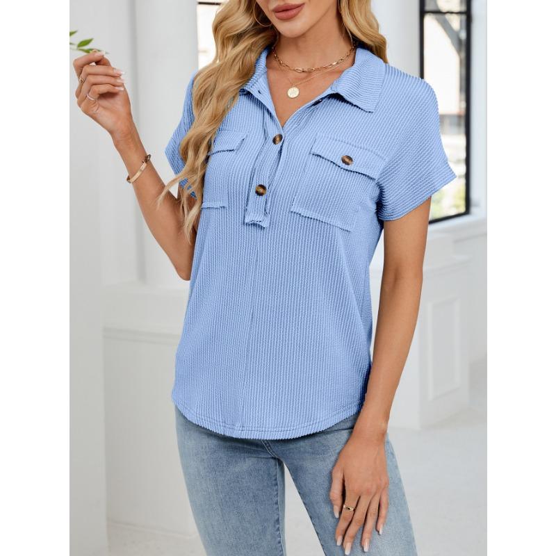 Summer New Women's Lapel Pocket Short-sleeved Solid Color T-shirt Casual Versatile Top