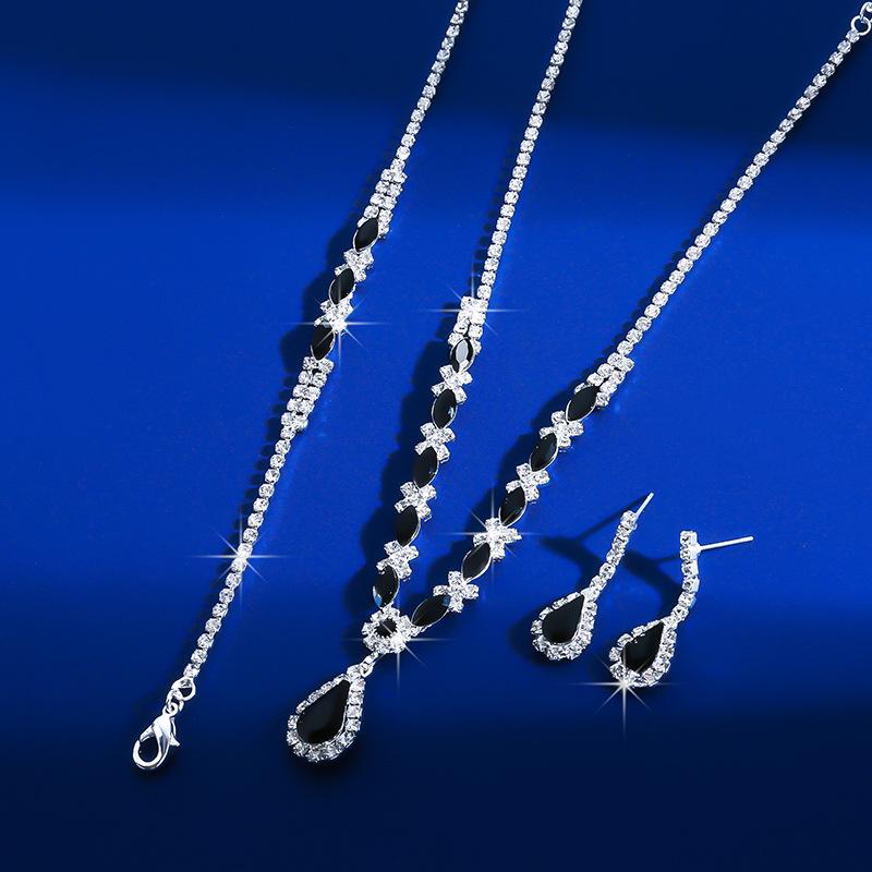 European & American Fashion Blue Crystal Necklace, Earrings & Bracelet Set - Hot Selling Three-Piece Full Diamond Design