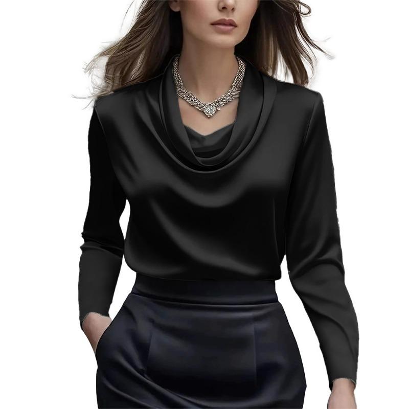 Womens Black Cowl Neck Satin Long Sleeve Blouse S