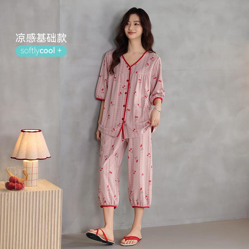 Pajamas women's pure cotton summer five-point-sleeved seven-point pants summer cool thin cotton half-sleeved large-size mother loungewear