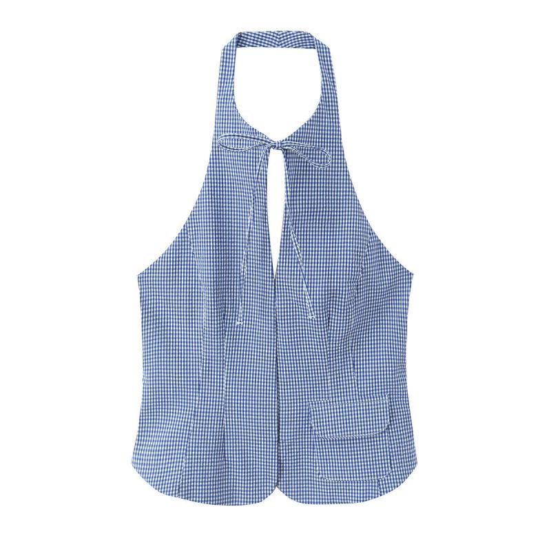 Spring 2026 European Plaid Halter Neck Top & Trousers Set L