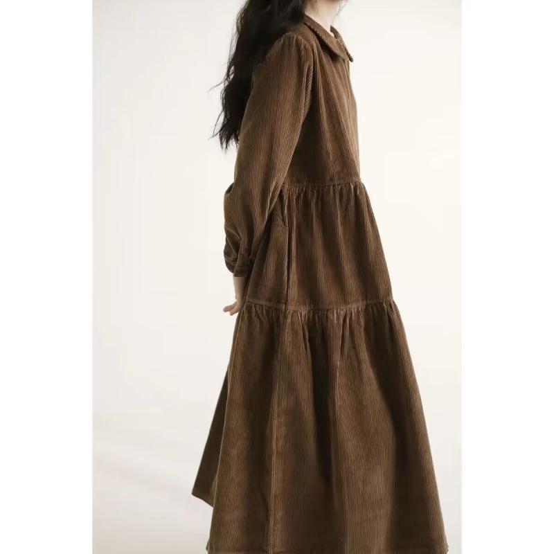 Japanese Style Corduroy Doll Collar Autumn A-Line Long-Sleeve Dress