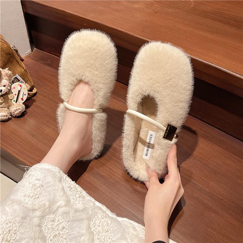 Retro Simple Fluffy Shoes for Women 2025 Winter Wear Flat-bottomed One-pedal Beanie Shoes for Women, Velvet Versatile Cotton Slippers for Women