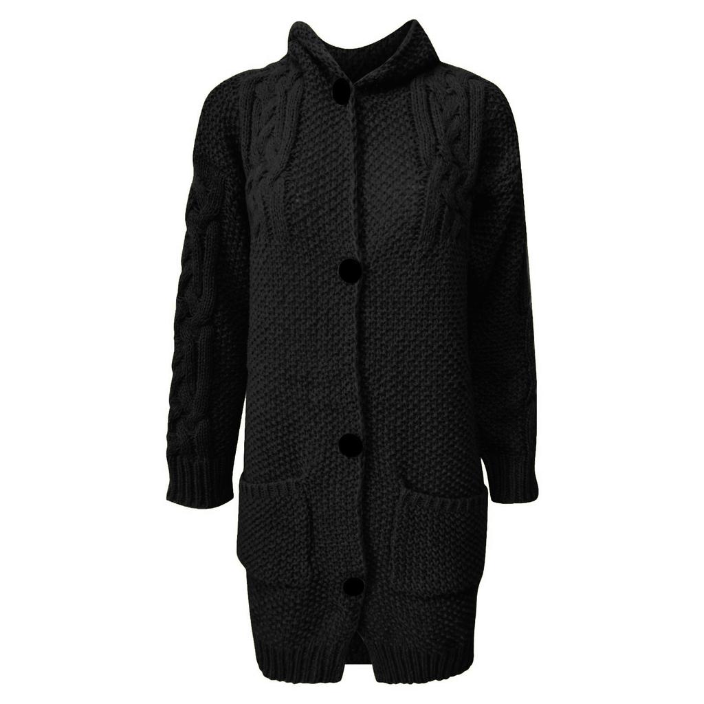Women Winter Fashion Long Sleeve Solid Color Knitted Hooded Sweater Cardigan Open Front Long Cardigan