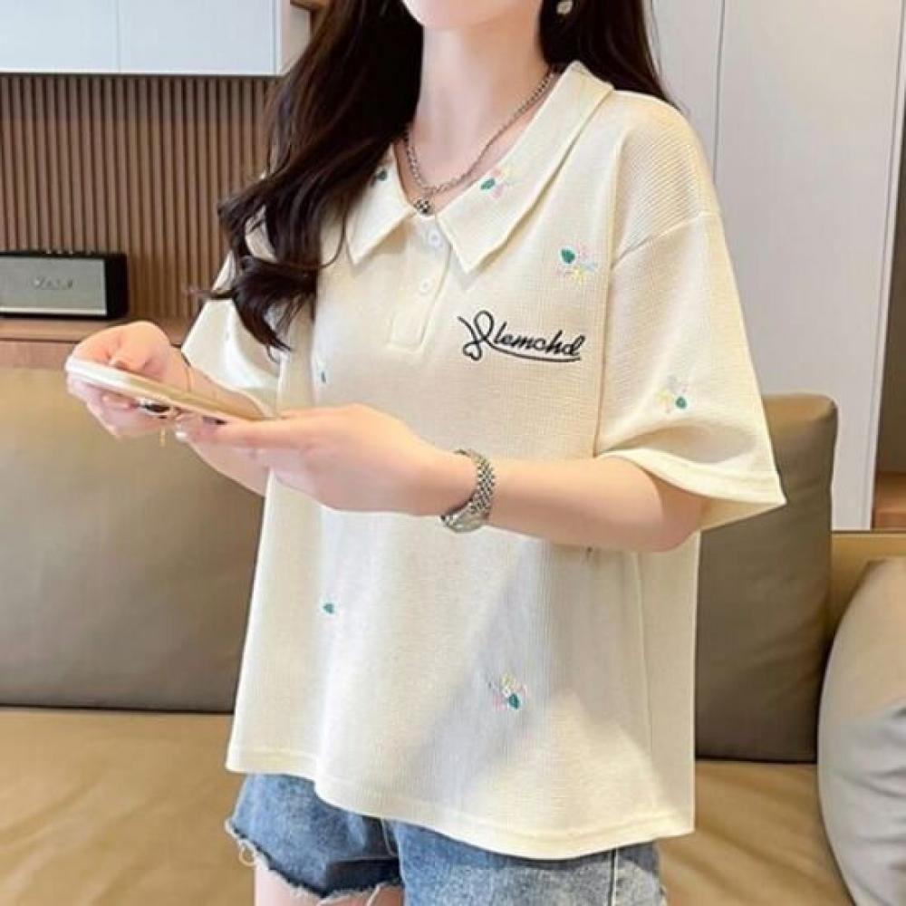 Navava Women Flower Embroidery PoinTed Collar ShorT Sleeve T shirT nT2477