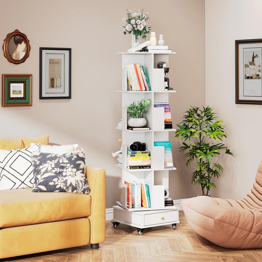 Wooden Four-layer Rotatable Mobile Bookshelf With One Drawer Book Storage Rack With Locking Wheels For Living Room/Bedroom/Study