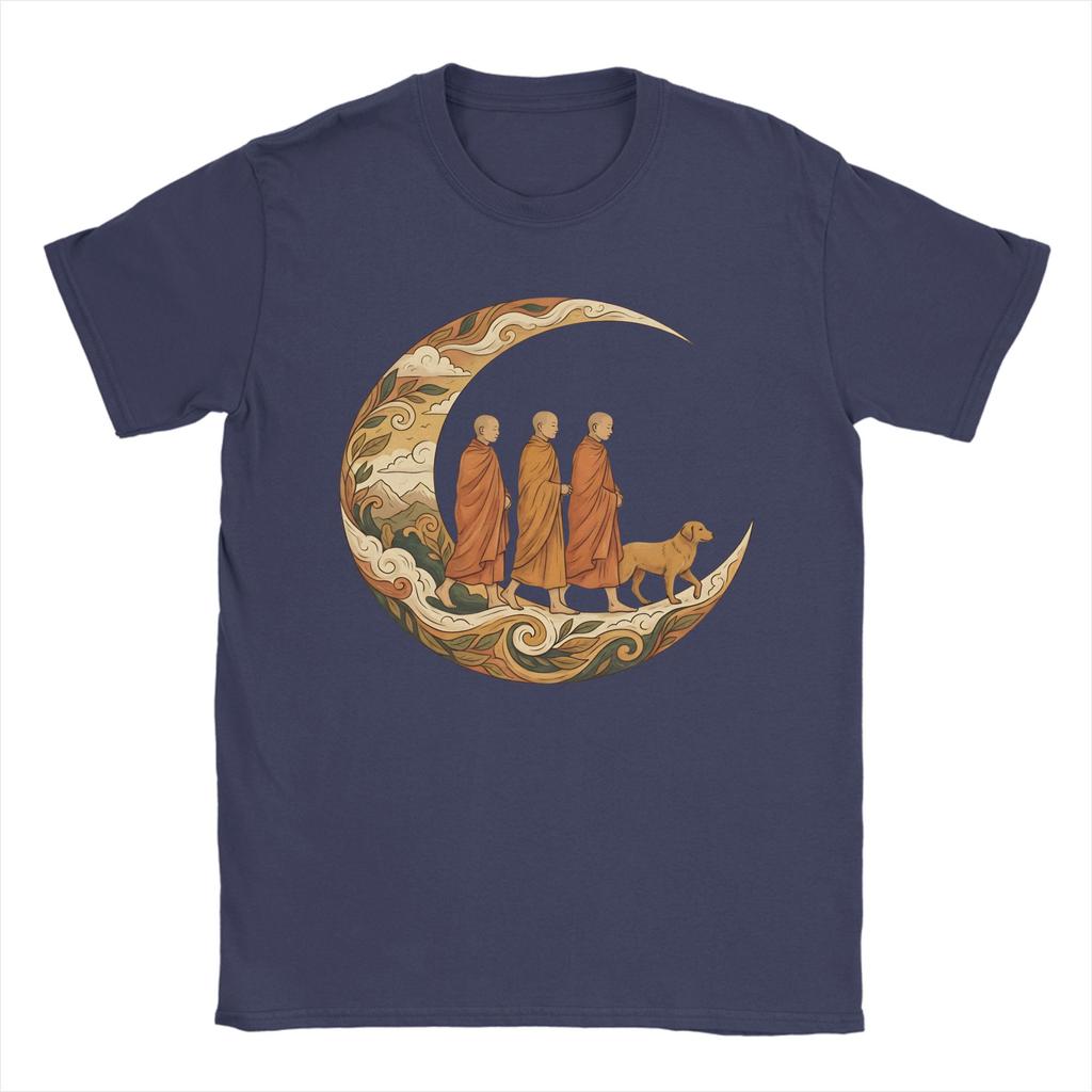 Walking for Peace Mönche und Hund im Halbmond Herren T-Shirts Crazy T-Shirt Kurzarm T-Shirt Baumwolle Übergröße Kleidung
