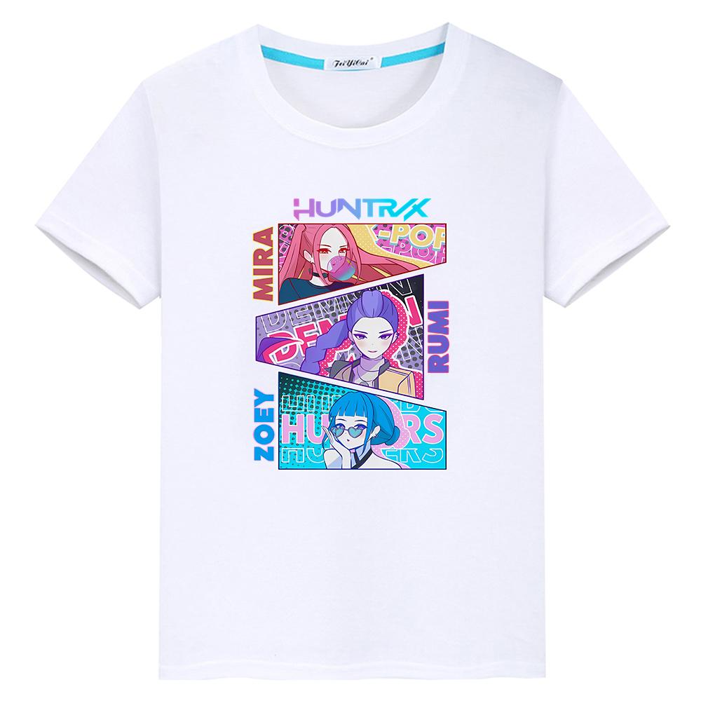

kpop demon hunters Print anime Short Kawaii Tops t shirt for kids boy 10year 100%Cotton Cute Tees y2k one piece girls clothes 100 белый