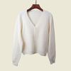 Waffle Texture V Neck Autumn Long Sleeves Cardigan Soft Glutinous Two Wool Core-Spun Yarn Normcore Pure Color Knitting Outwear