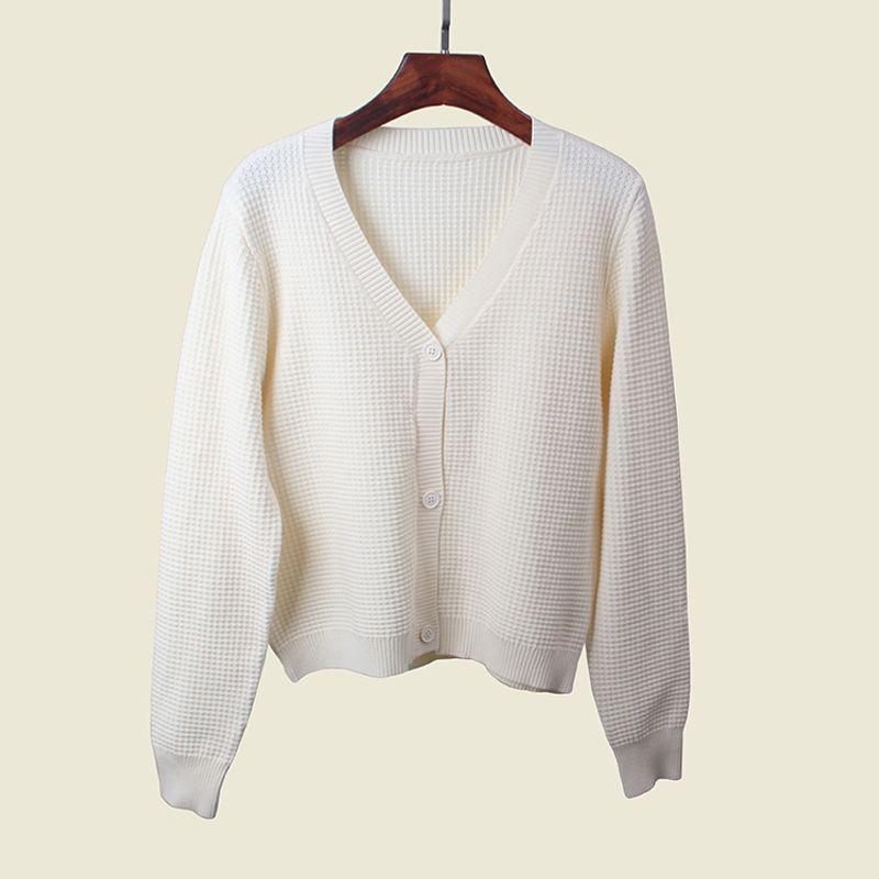 Waffle Texture V Neck Autumn Long Sleeves Cardigan Soft Glutinous Two Wool Core-Spun Yarn Normcore Pure Color Knitting Outwear
