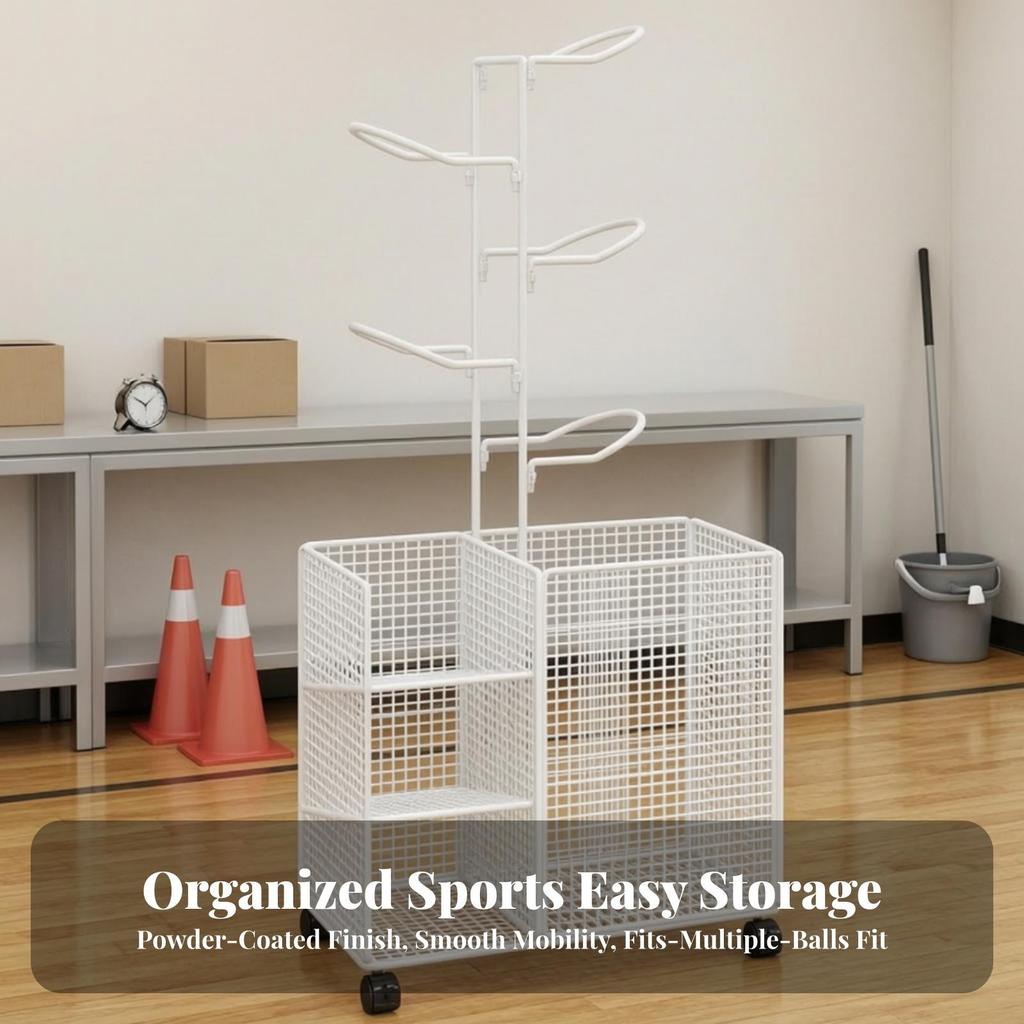 Rolling Fitness Equipment Storage Rack | Open Design, Wire-Grid Sports Gear