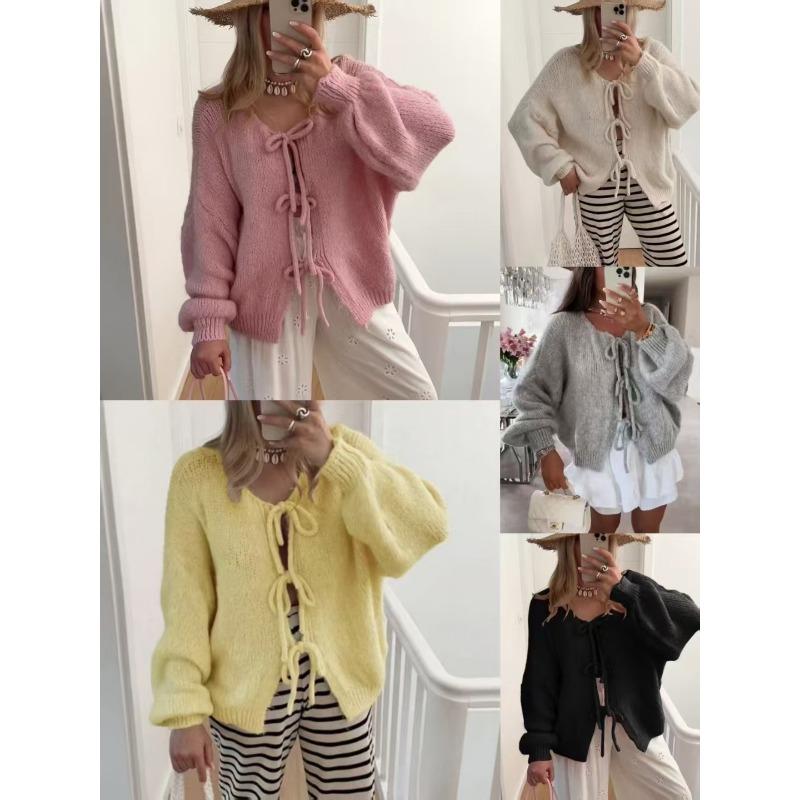 Autumn and winter women's new sweater loose lace-up cardigan knitted bow top coat