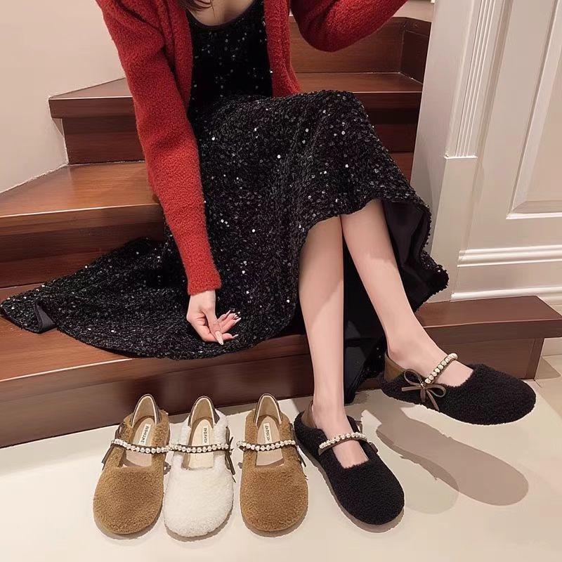 Korean Style Pearl Bow Faux Fur Loafers for Women - Autumn 2025