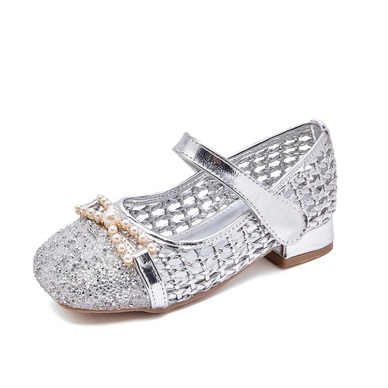 

High-heeled girls princess shoes for spring and autumn2026New style little girl s leather shoes with dress, soft-soled children s crystal shoes 38（Insole Length23.2CM срібний