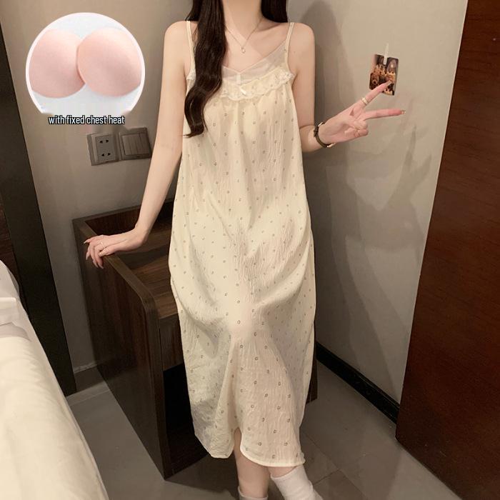 2026 Women's Cloud Cotton Spaghetti Strap Nightgown with Chest Pads, Sweet Long Dress for Home or Outdoors