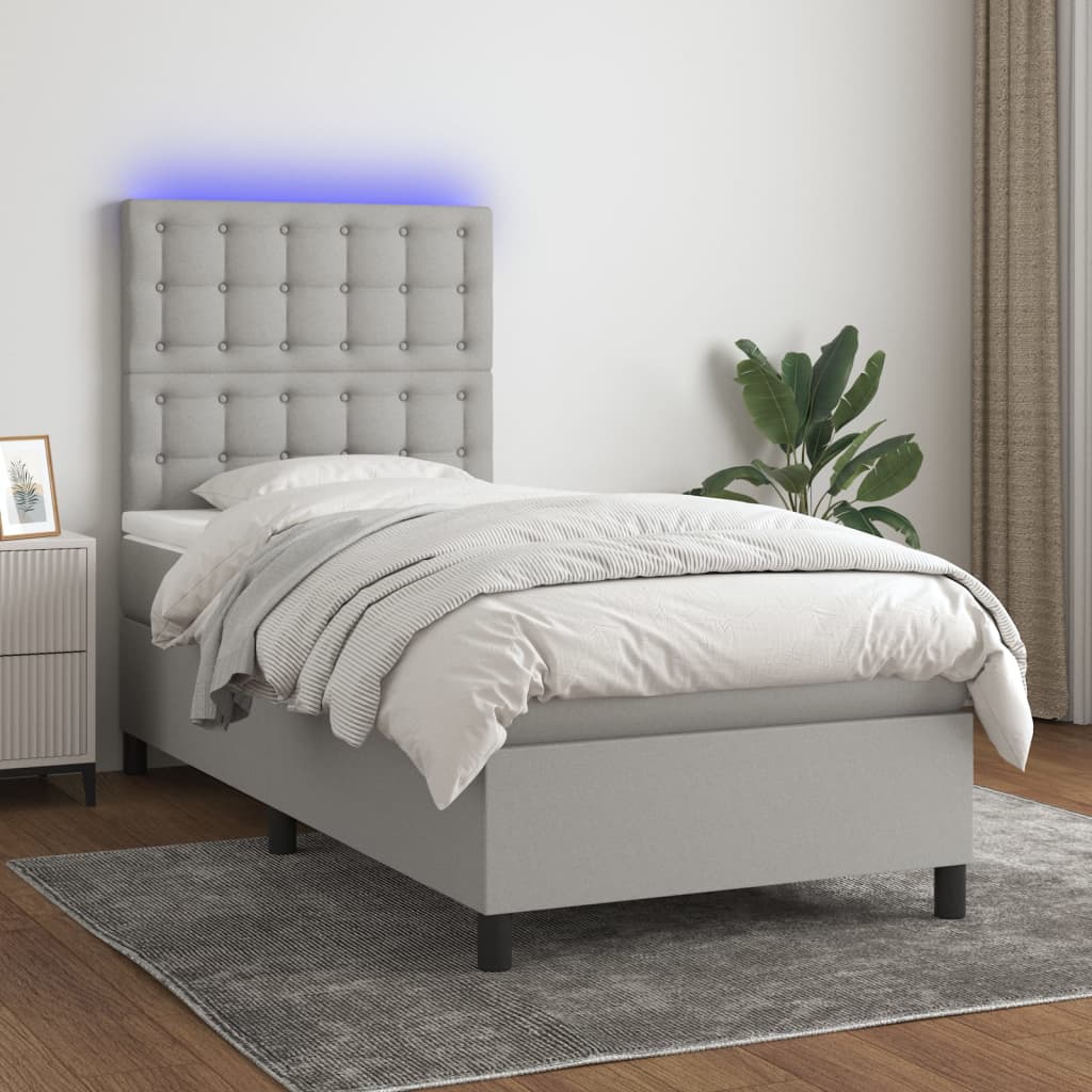 Box Spring Bed with Mattress & LED Light Grey 90x190 cm Fabric