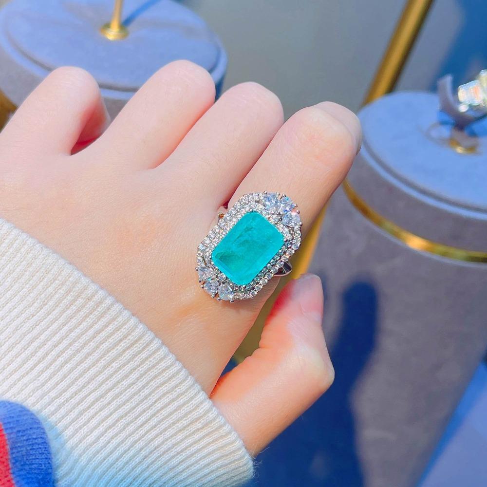 Open Ring Luxury Emerald Cotton Inclusions Imitation Full Diamond Paraba Gemstone Statement Ring