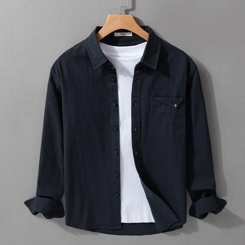 Men's Retro Long-Sleeve Casual Shirt: Simple Solid Color, All-Match Style