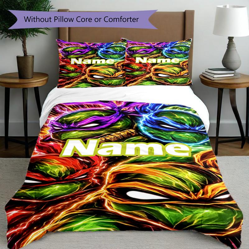 3pcs Duvet Cover Set (1*Duvet Cover + 2*Pillowcase, Without Core), Custom Name Teenage Mutant Ninja Turtles Pattern Bedding Set, Home Bedroom Decor Gi