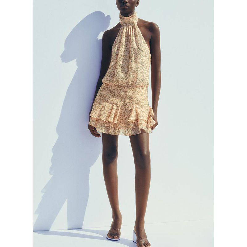 Summer New Product Women's Clothes French Open Back Lining Laminated Decoration Hanging Collar Print Dress 3156315