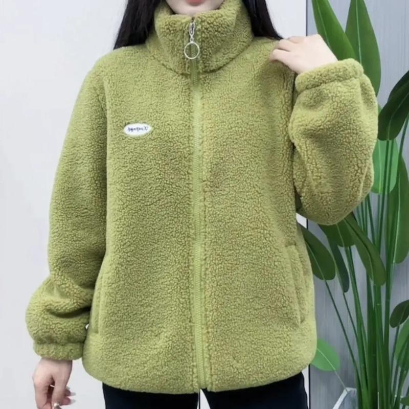 Dames Dikke Fleece Standkraag Jas Meerkleurig Warm Casual Herfst Winter Gezellige Buitenjas