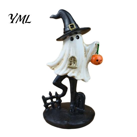 Hand Painted Resin Ghost Decor Halloween Figurine, Vintage Cute Holding Unique Gothic Room Accents Pumpkin Lantern Statue for Indoor Home Table